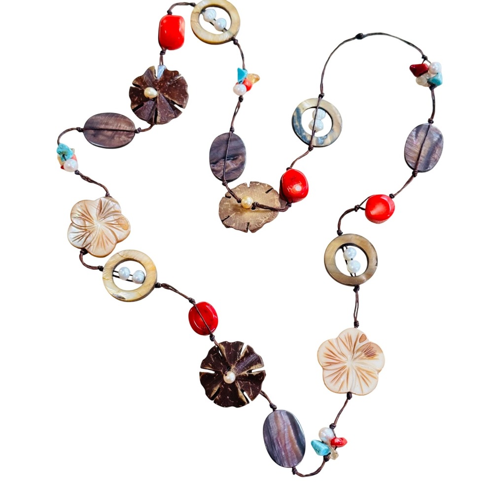 VTG Hawaiian Red bamboo Coral Necklace Beaded Groovy Pearl Floral Chunky Abalone